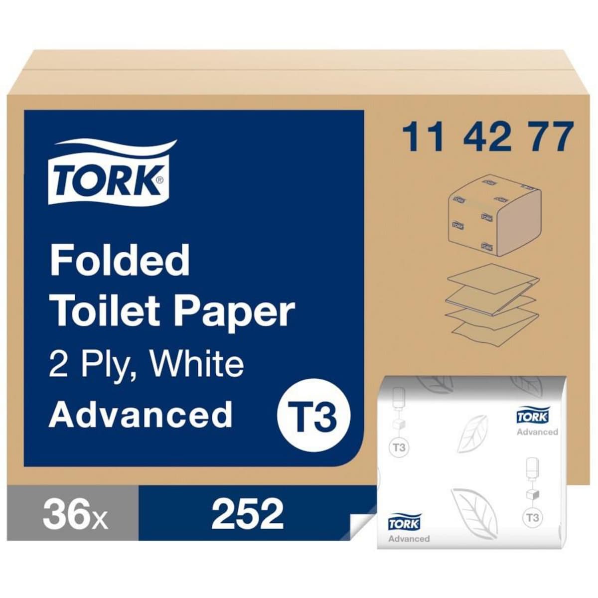 Tork Folded Toilet Paper White T3, 114277, 2 Ply, Pack of 36 x 252 Sheets 1