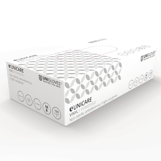 Unicare 1823 Vinyl Powdered Disposable Gloves Clear Medium - Box of 100 1
