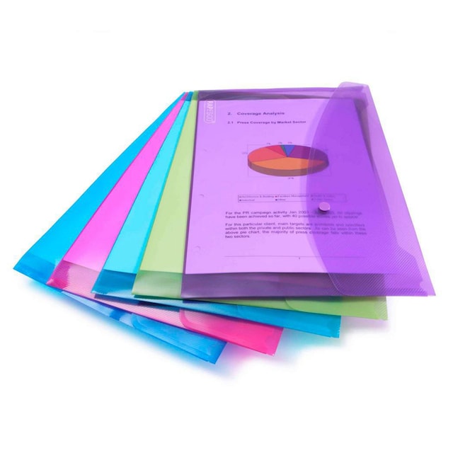 Assorted Bright Foolscap Polypropylene Popper Wallets - Pack of 5 1