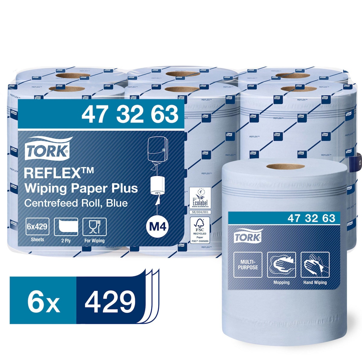 Tork Reflex™ Wiping Paper Towel Plus Blue M4, 473263, 2 Ply, Pack of 6 1