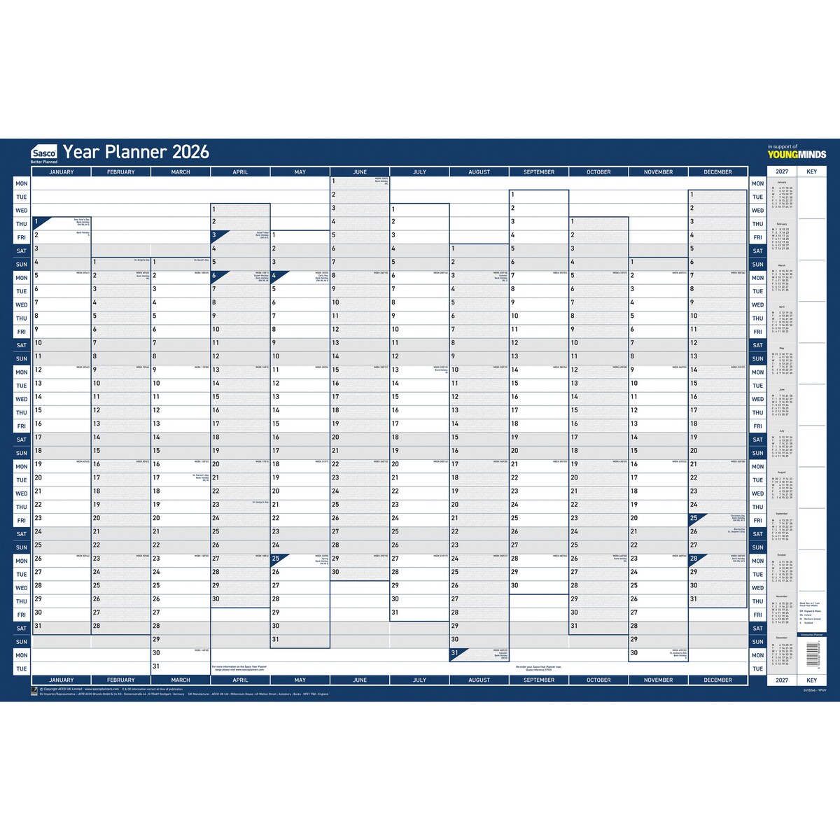 Sasco - 2026 Vertical Year Planner - Red, Poster Style, 915(W) x 610(H)mm 1