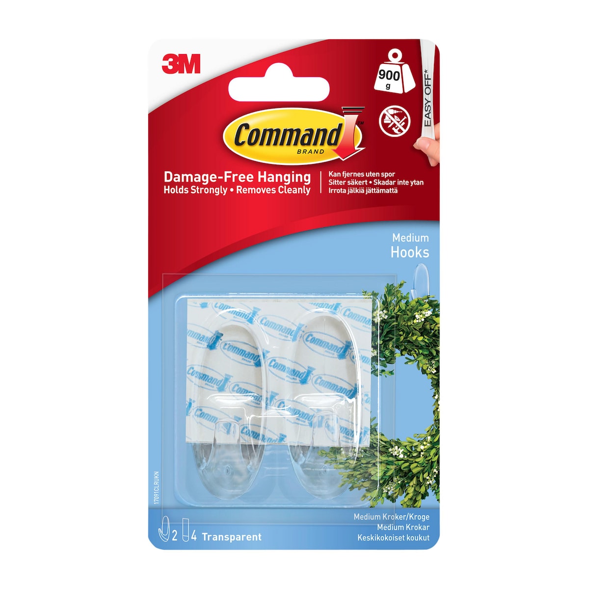 Command™ Medium Clear Hooks with Clear Strips 17091CLR, 2 Hooks, 4 Medium Strips 1