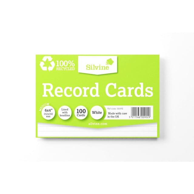 Silvine Recycled Record Cards 6x4 Inches White, Pack of 100 1