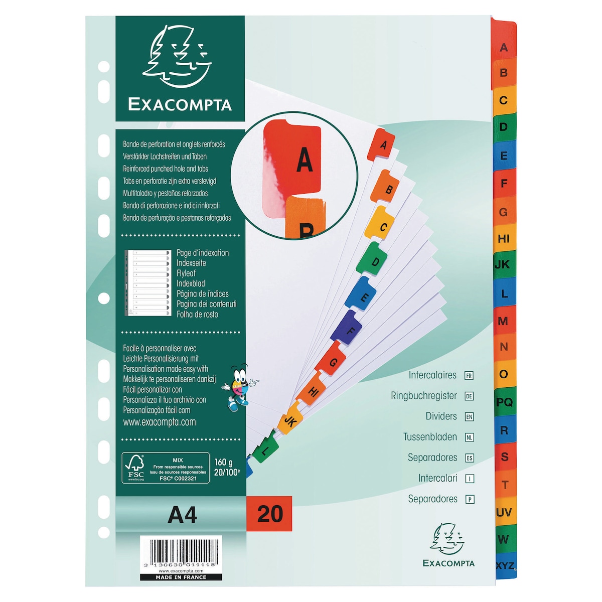 Exacompta White Card Printed A4 Indices, Mylar Tabs 20 Part (A-Z) Coloured Tabs 1
