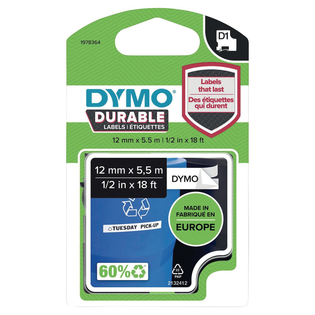 DYMO D1 Durable Labelling Tape 12mm x 5.5m Black On White 1