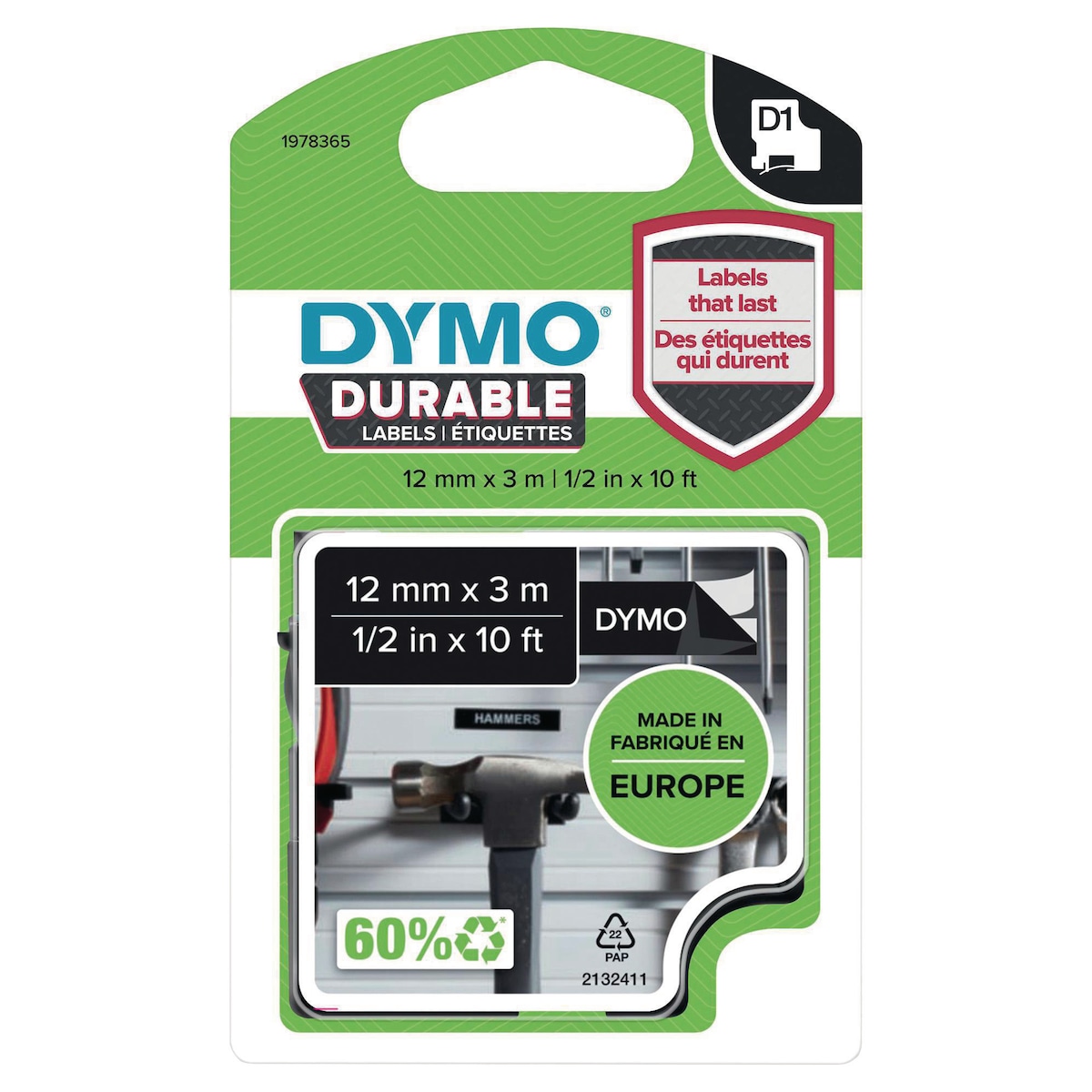 Dymo D1 Durable Labelling Tape, White On Blk, 12mm X 3M, 1 Cartridge (1978365) 1