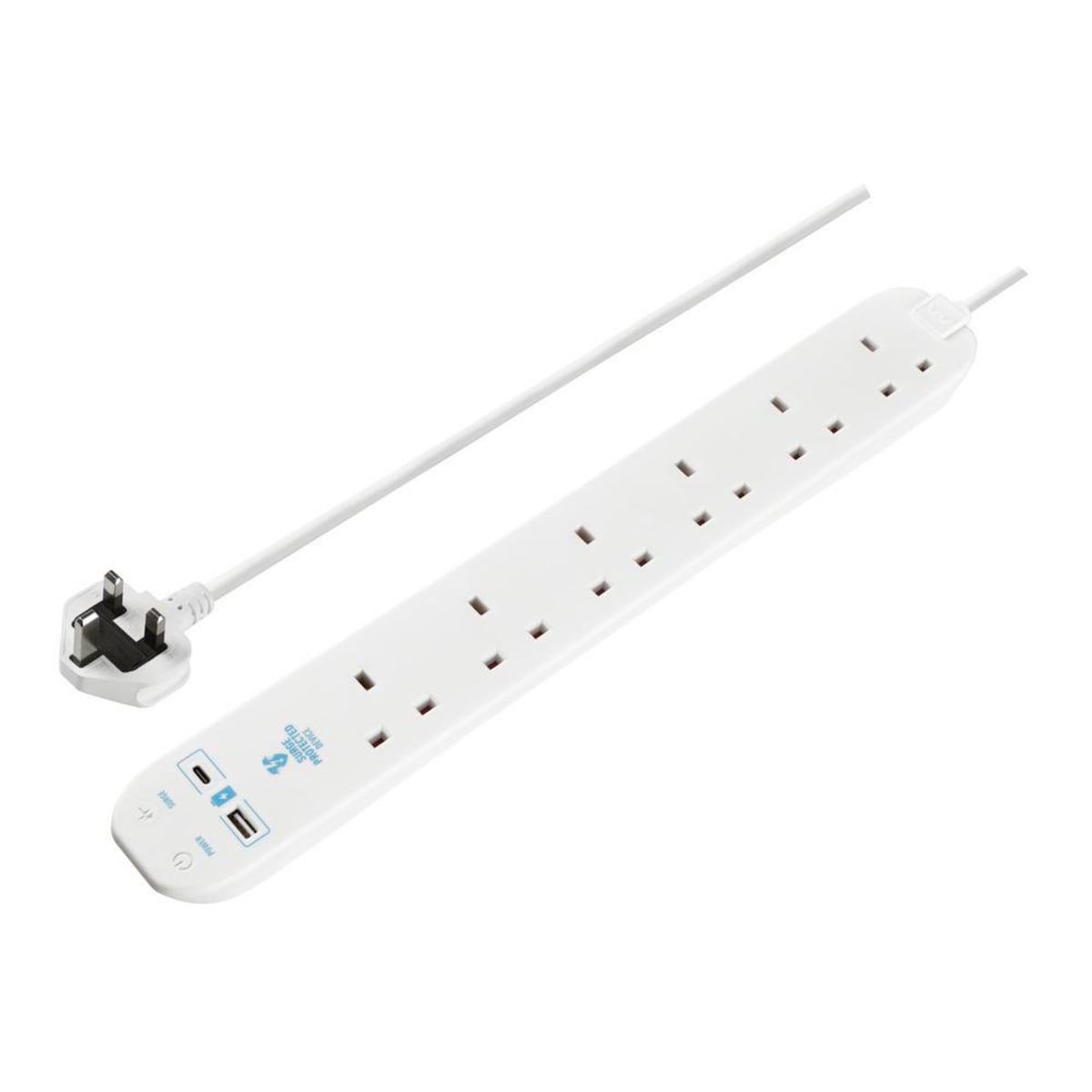 6 Socket 2m 13A Masterplug Surge Protected Extension Lead (USB A+C 10.5W) White 1