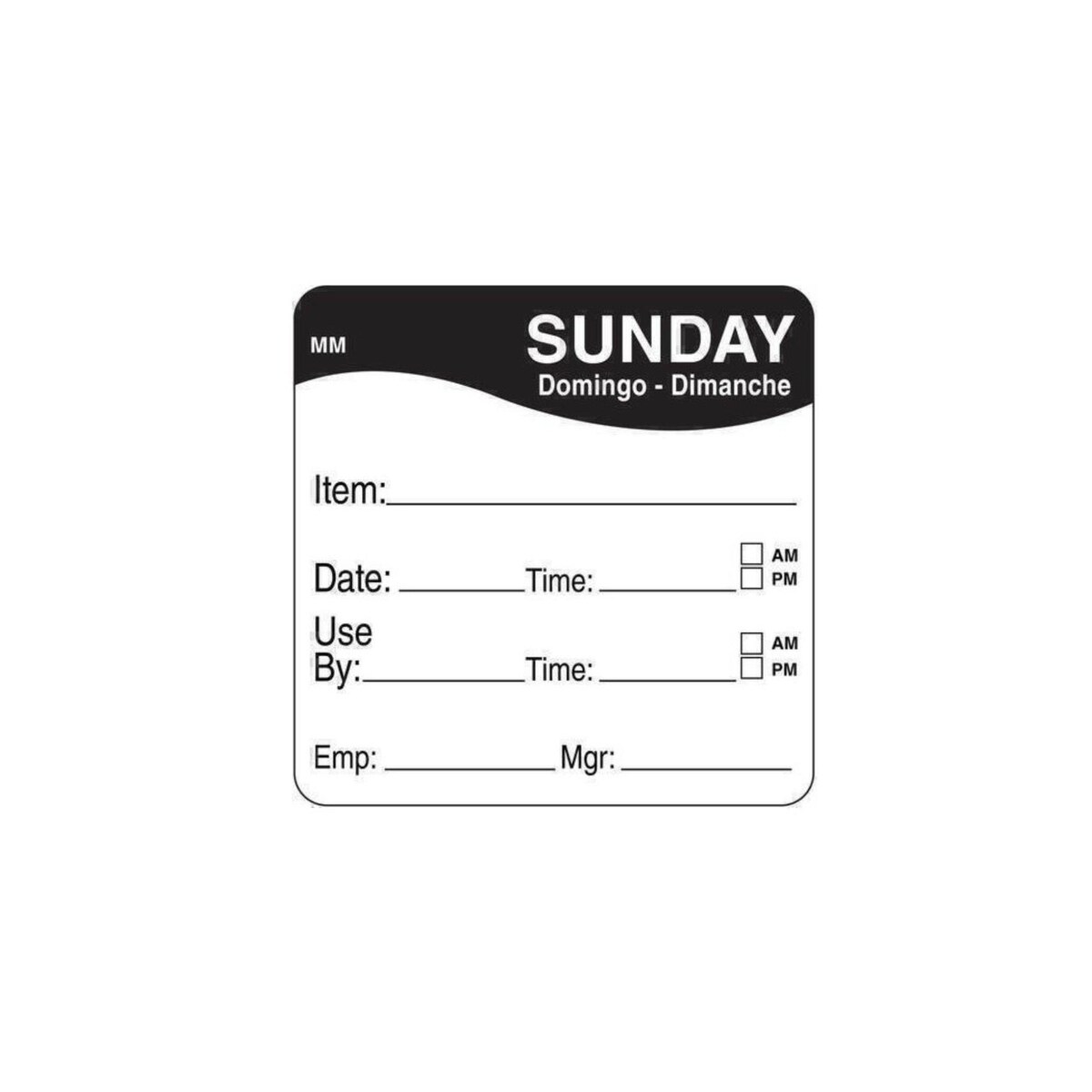 2" x 2" Dissovable Label, Sunday, Item/Date/Use By - Roll of 250 1