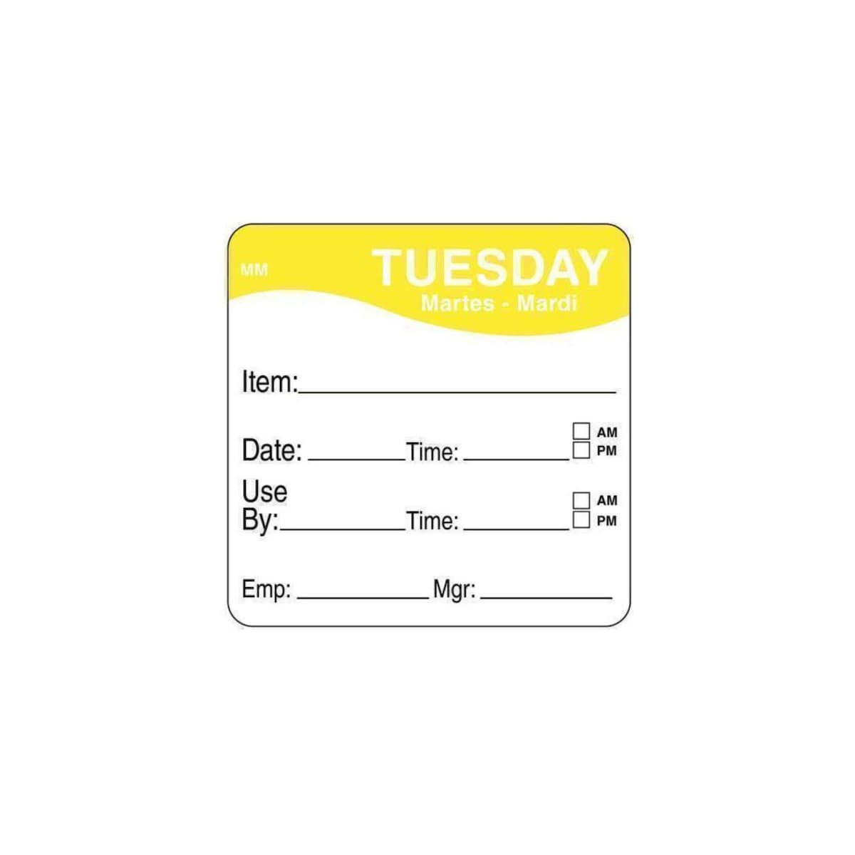 2" x 2" Dissovable Label, Tuesday, Item/Date/Use By - Roll of 250 1