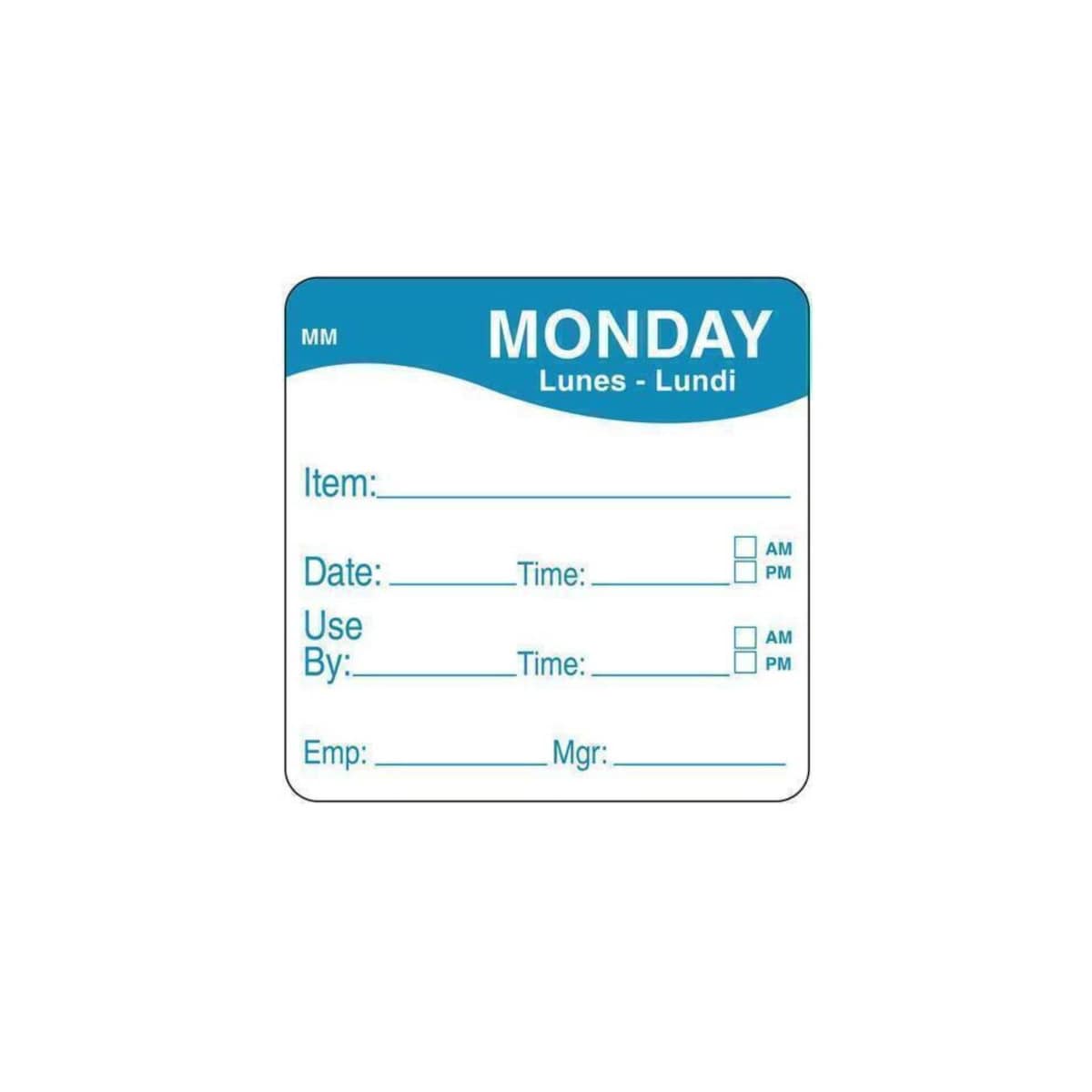 2" x 2" Dissovable Label, Monday, Item/Date/Use By - Roll of 250 1