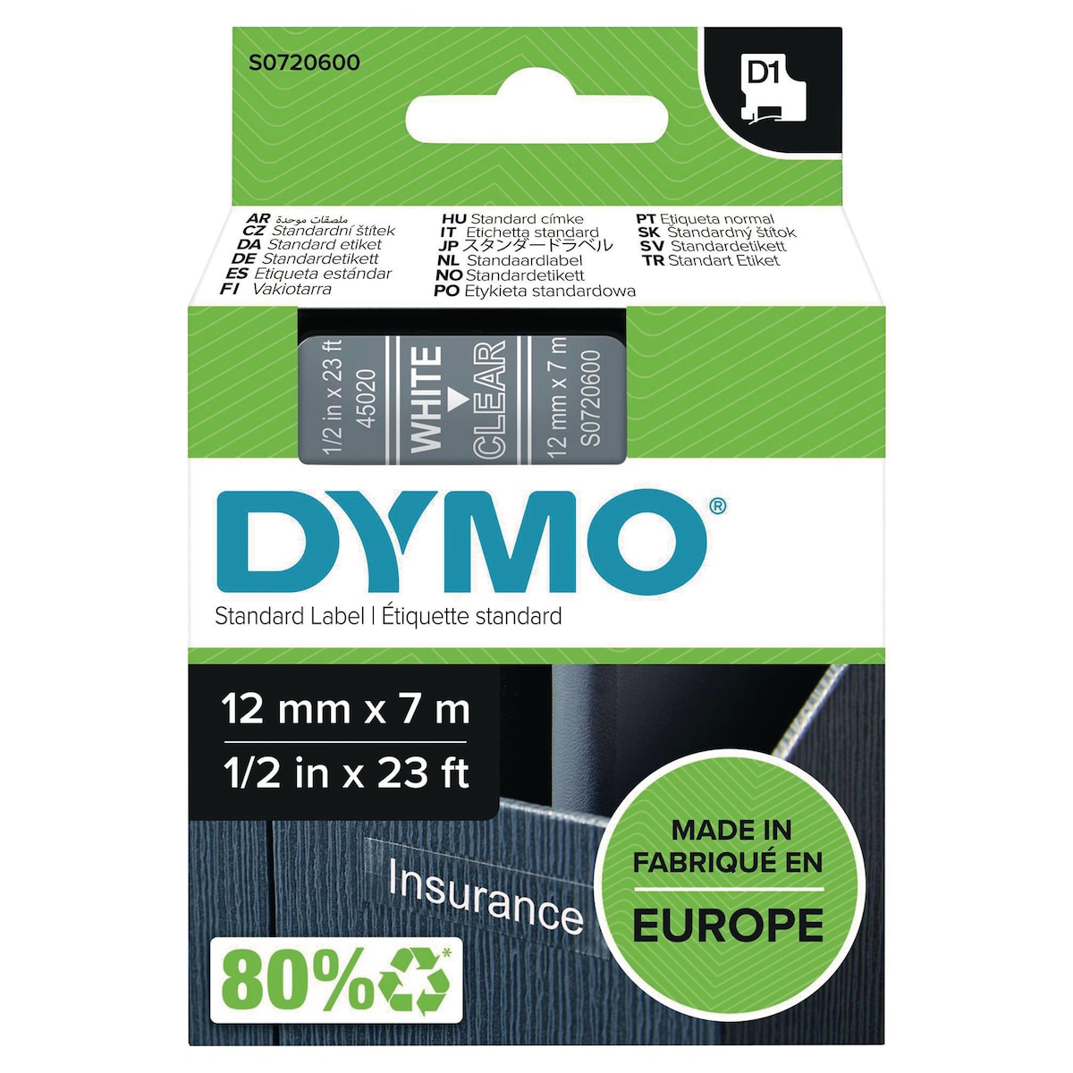 DYMO Authentic D1 Labels -  White Print on Clear Tape, 12 mm x 7 m 1