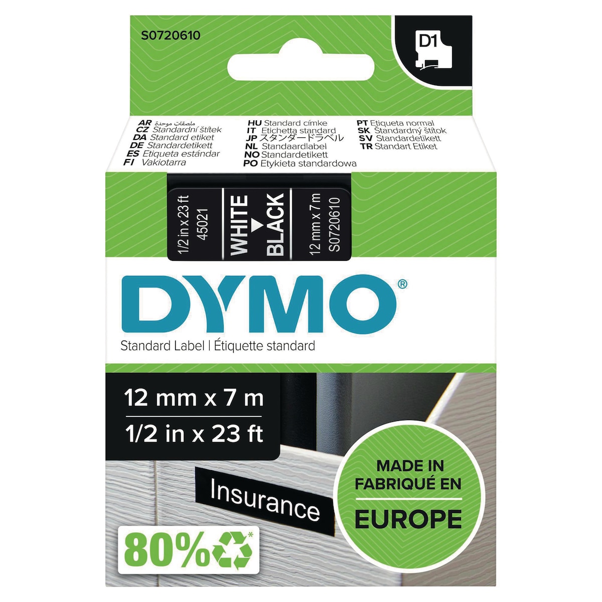 DYMO Authentic D1 Labels -  White Print on Black Tape, 12 mm x 7 m 1