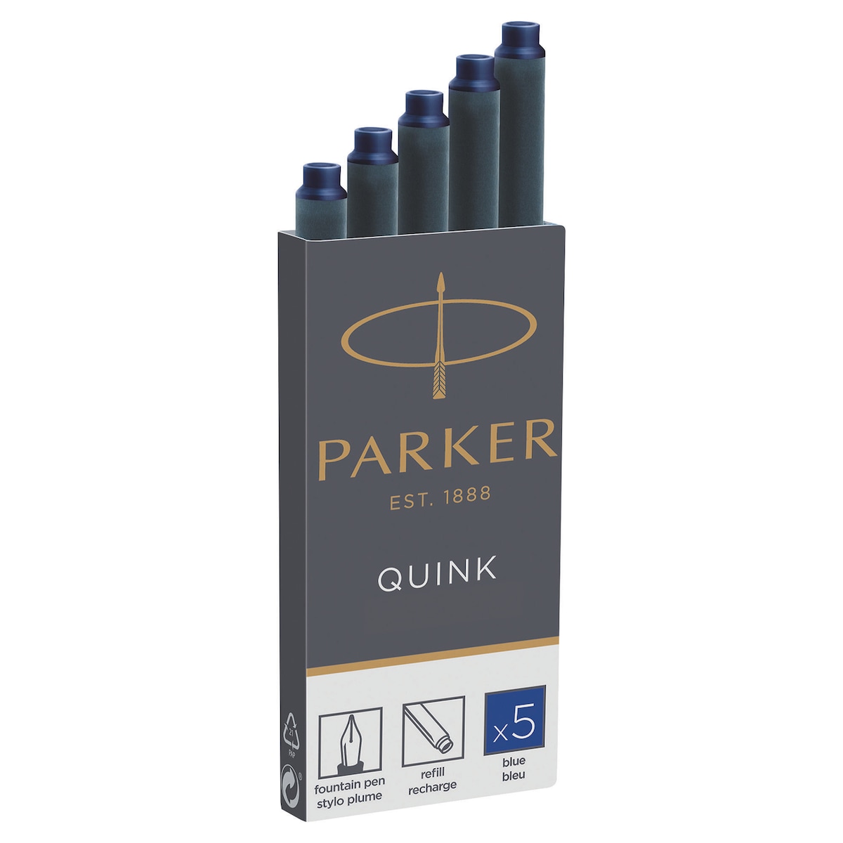 Parker Quink Long Fountain Pen Ink Refill Cartridges, Blue, 5 Pack 1