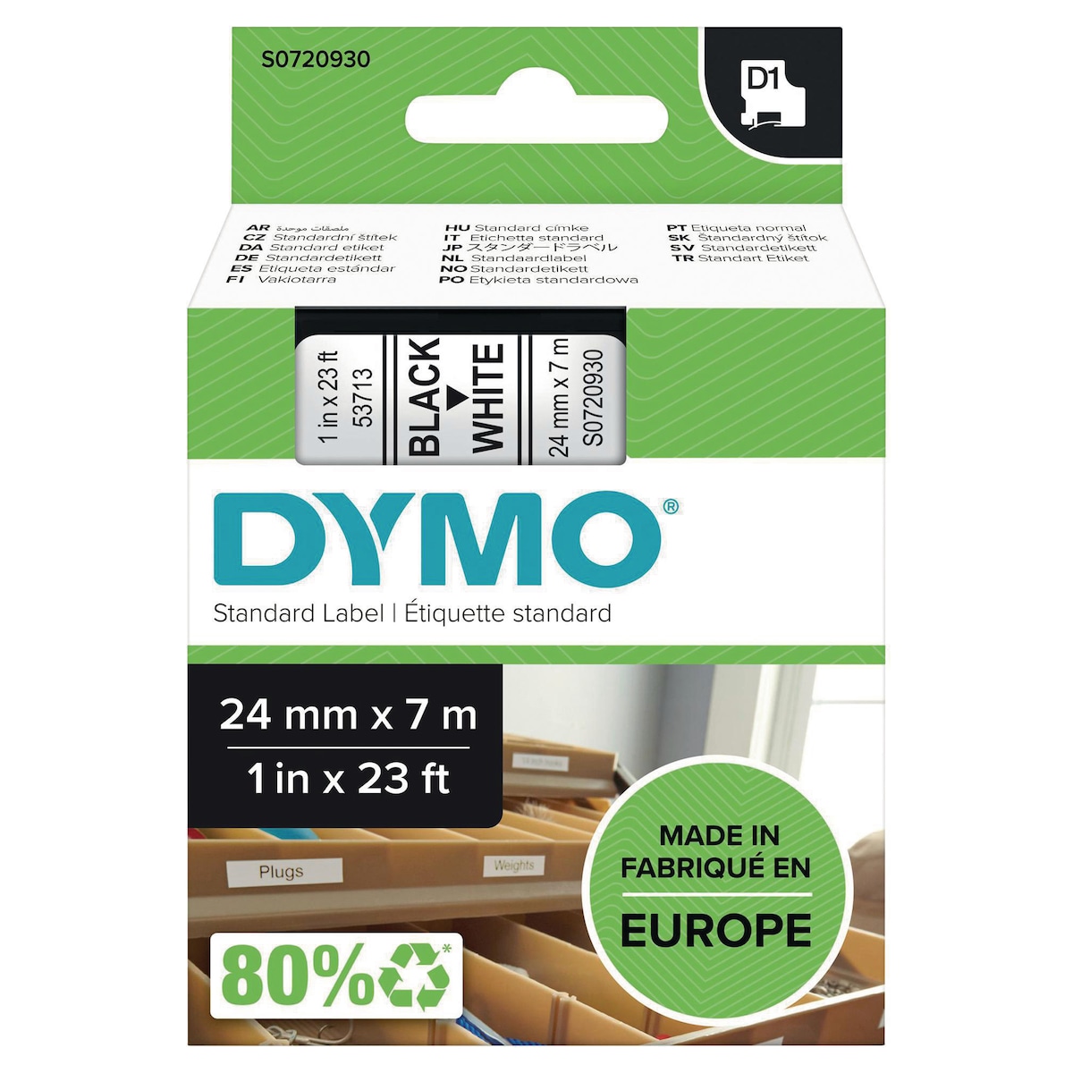 DYMO Authentic D1 Labels - Black Print on White, 24mm x 7m 1