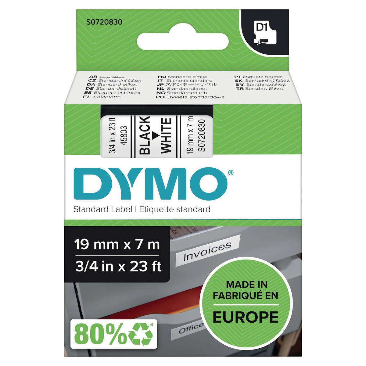 Dymo D1 Labels, Black Print On White, 19mm X 7M 1