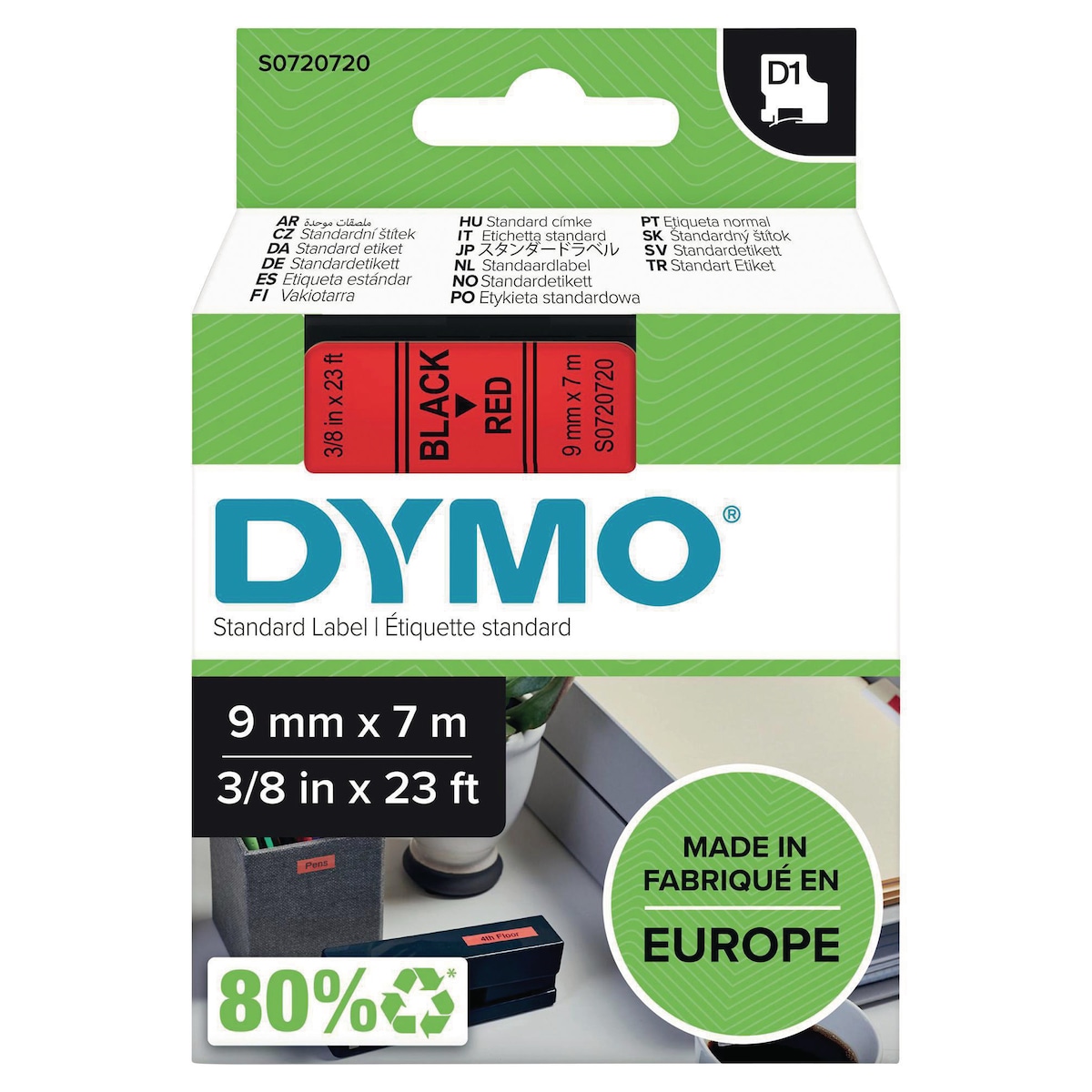 Dymo D1 Labels, 9mm X 7M Roll, Black Print On Red 1