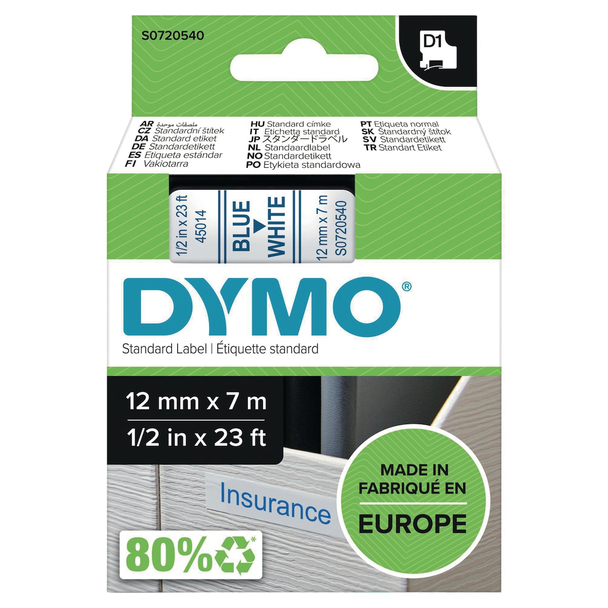 DYMO Authentic D1 Labels - Blue Print on White Tape , 12 mm x 7 m 1