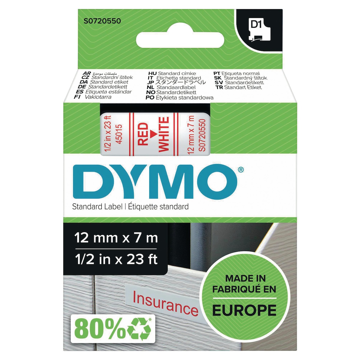 Dymo D1 Labels, 12mm X 7M Roll, Red Print On White 1