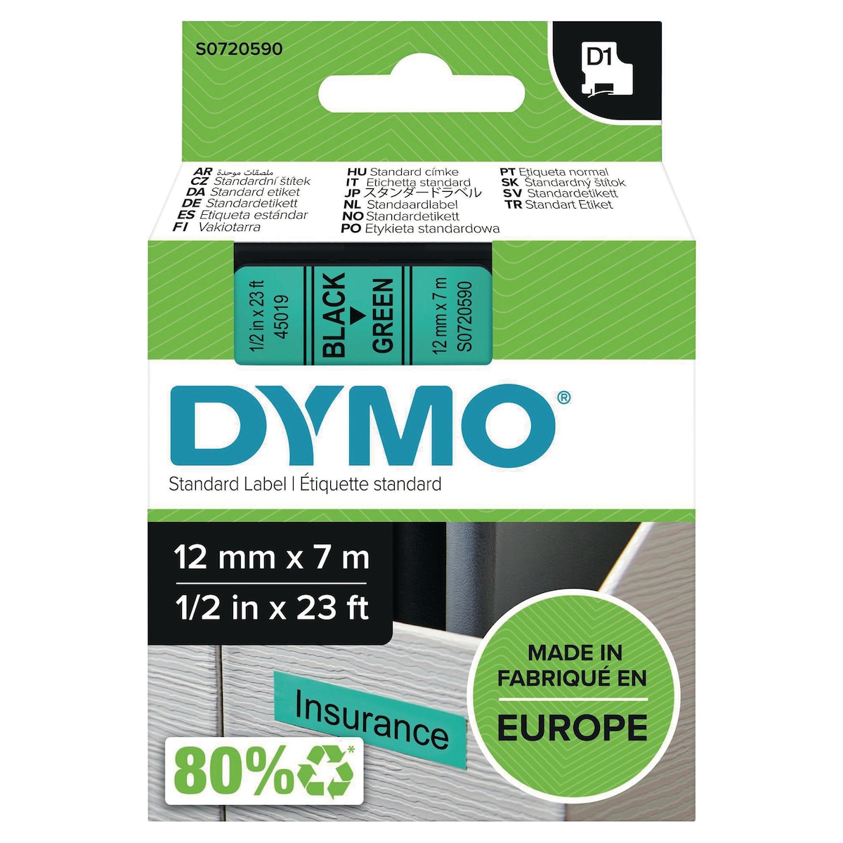 DYMO Authentic D1 Labels - Black Print on Green Tape,  12 mm x 7 m 1
