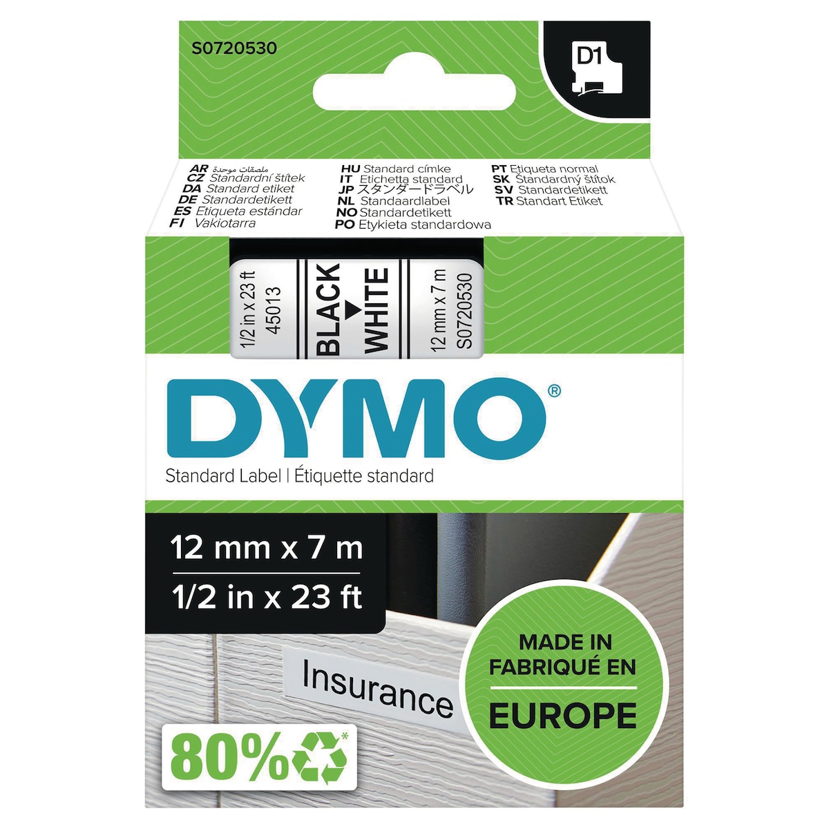 DYMO Authentic D1 Labels - Black Print on White Tape, 12 mm x 7 m 1