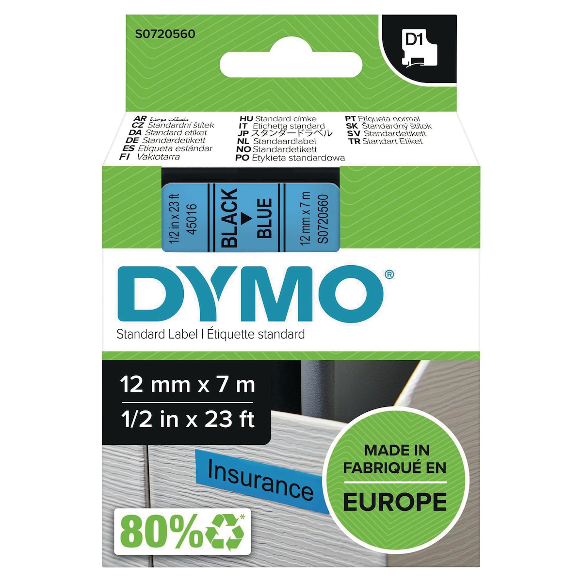DYMO Authentic D1 Labels - Black Print on Blue Tape, 12 mm x 7 m 1