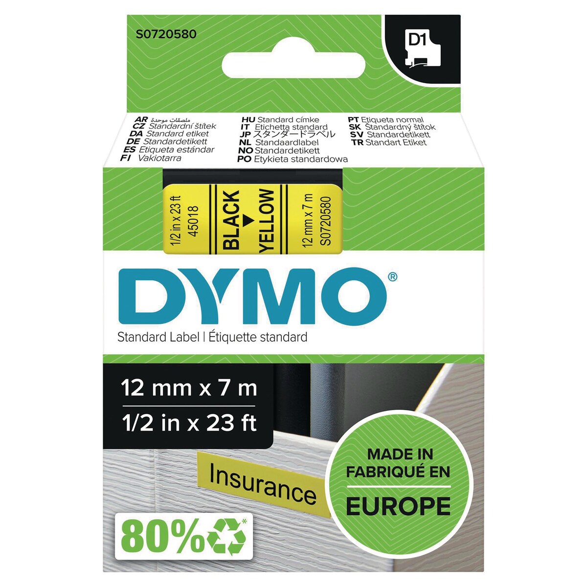 DYMO Authentic D1 Labels - Black Print on Yellow Tape, 12 mm x 7 m 1