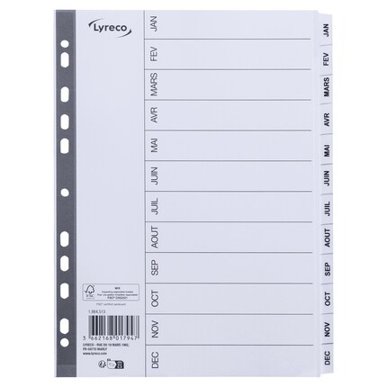 Jeu de 12 intercalaires mensuels polypropylène gris 12/100e