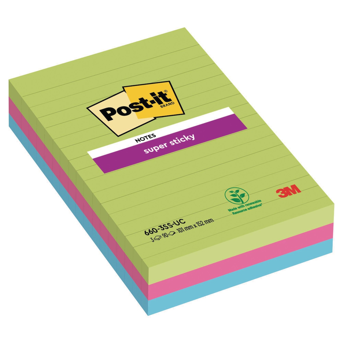 Post-It Super Sticky Notes Lined 102x152mm Ultra Asst - Pack Of 3 1