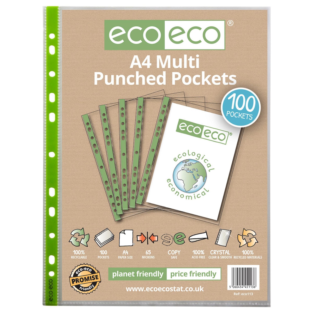 Eco-Eco Recycled Punched Pockets 65 Micron  A4 - Pack of 100 1
