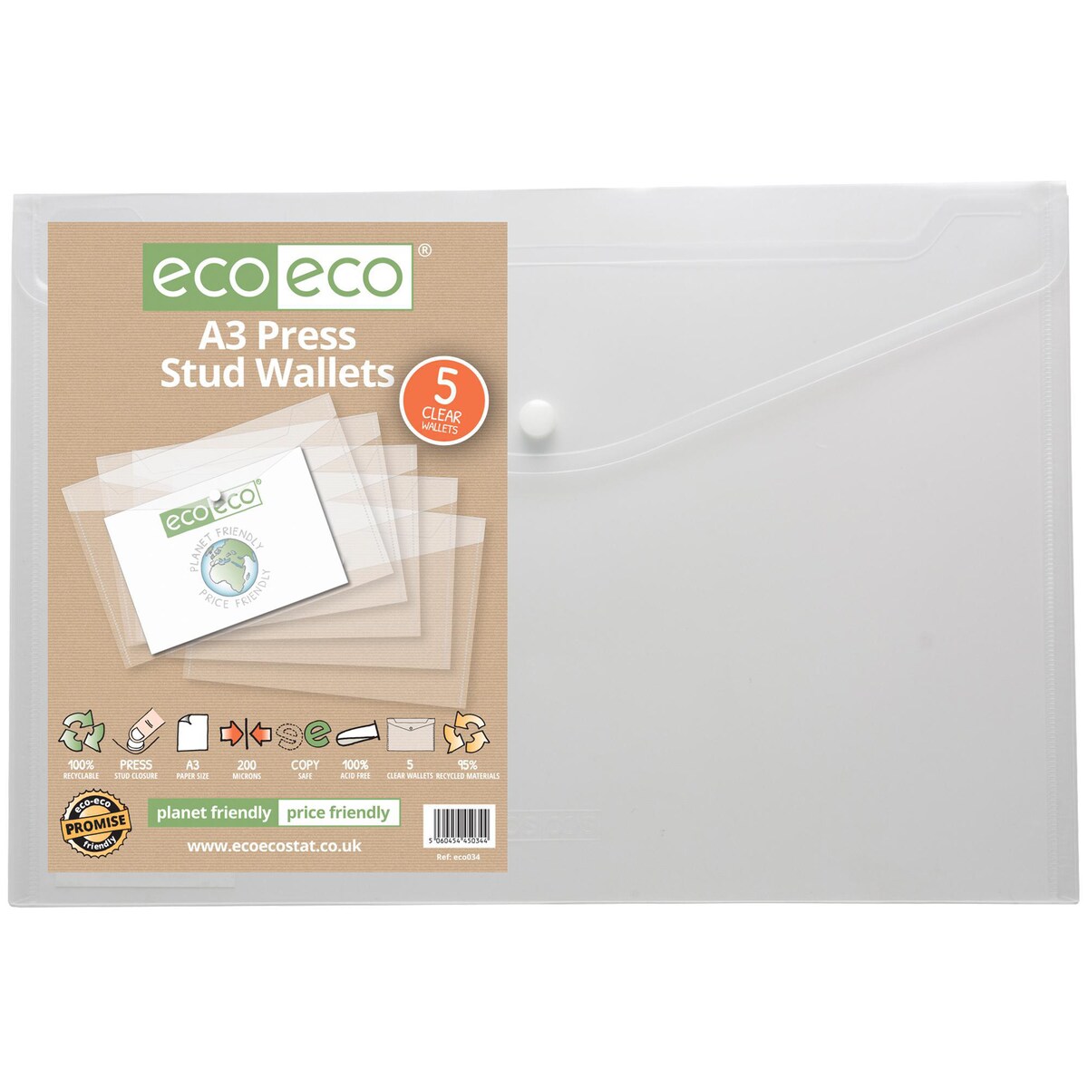 eco-eco Pack 5 A3 50% Recycled Colour Press Stud Wallets 1