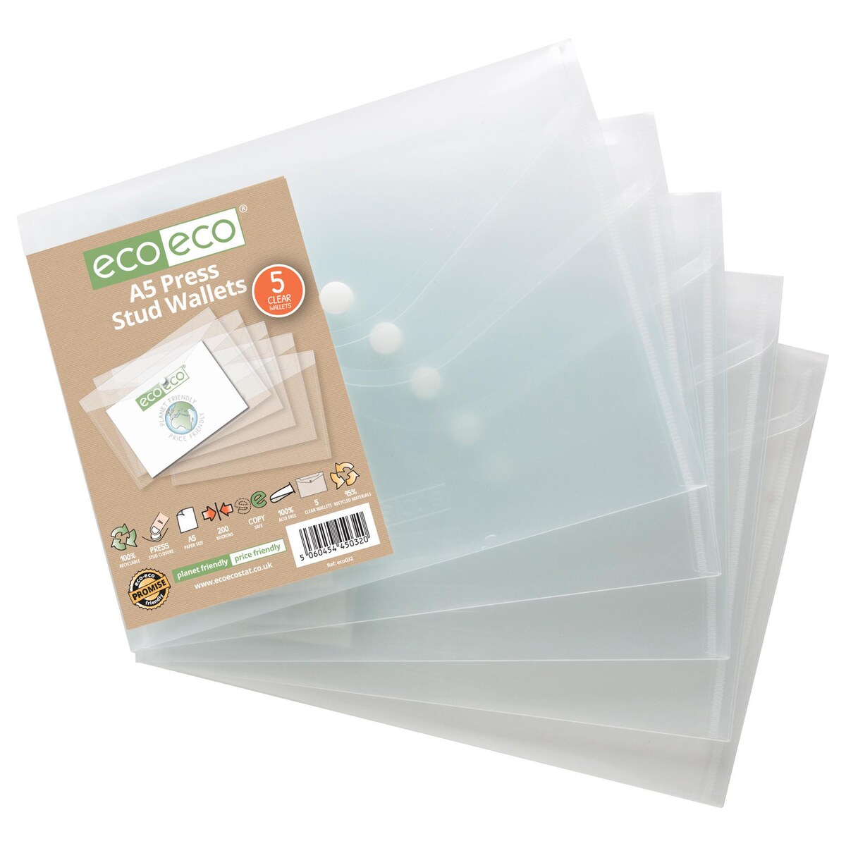 Eco-Eco Press Stud Wallets PP A5 Clear Pack of 5 1