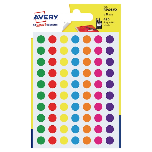 Avery Dot Labels 8mm Assorted Pack of 420 1