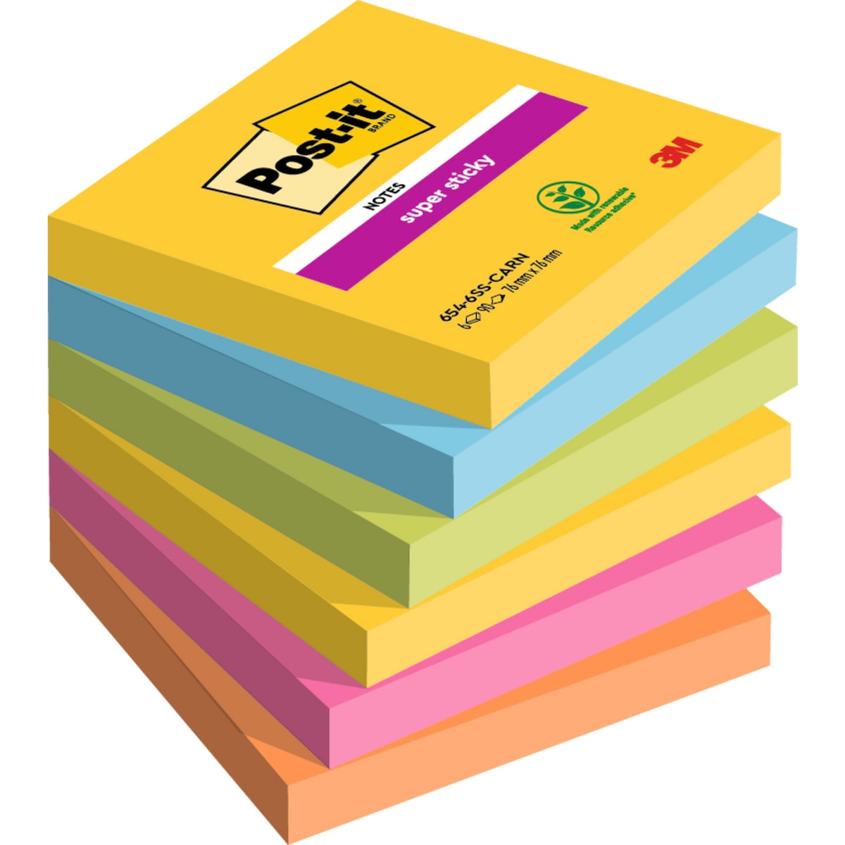 Post-It Carnival Colour Super Sticky Notes 76X76mm-Pack of 6 1