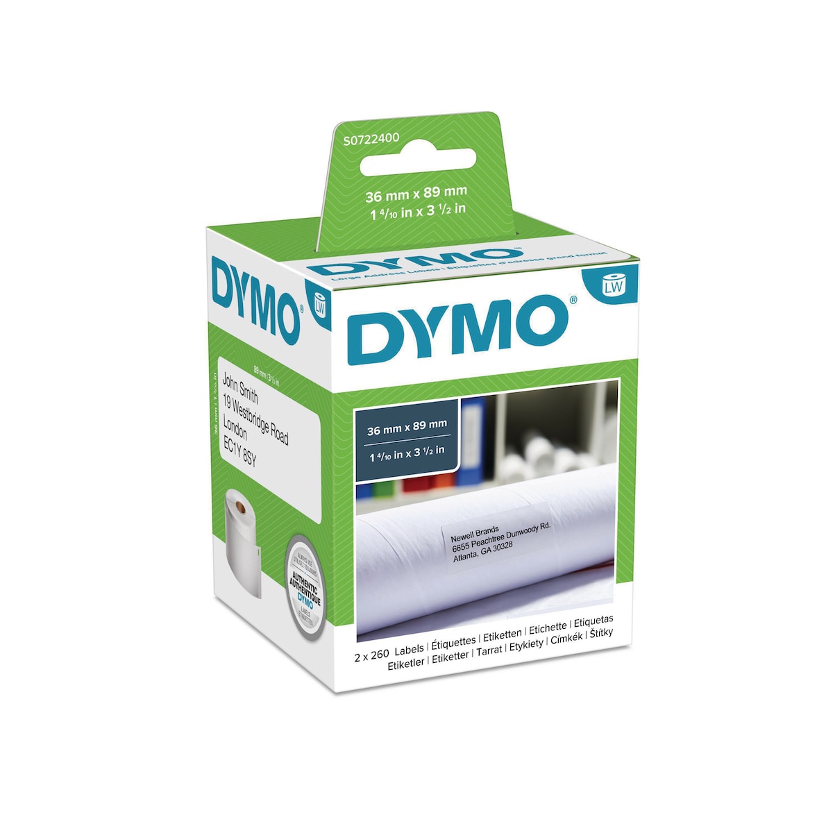 DYMO  Large Address Labels - 36 mm x 89mm,  Roll of 260 X 2 1