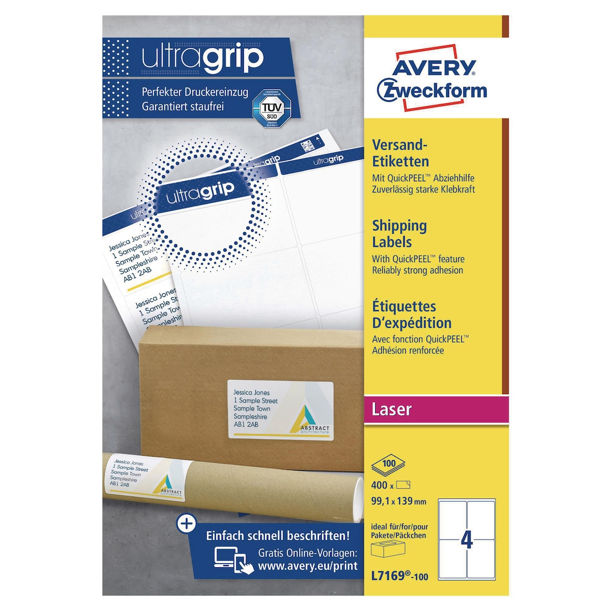 Avery L7169-100  Labels, 139 x 99.1 mm 4 Labels Per Sheet, 400 Labels Per Pack 1