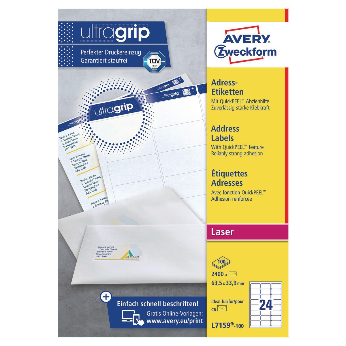 Avery L7159-100 sheets, 63.5 x 33.9 mm, 24 Labels Per Sheet (BX2400) 1