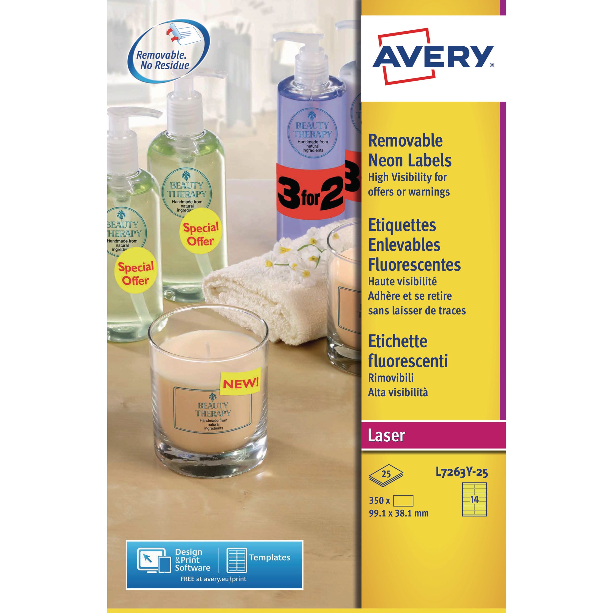Avery L7263Y-25 Neon Labels, 99.1 x 38.1 mm, 14... | Lyreco