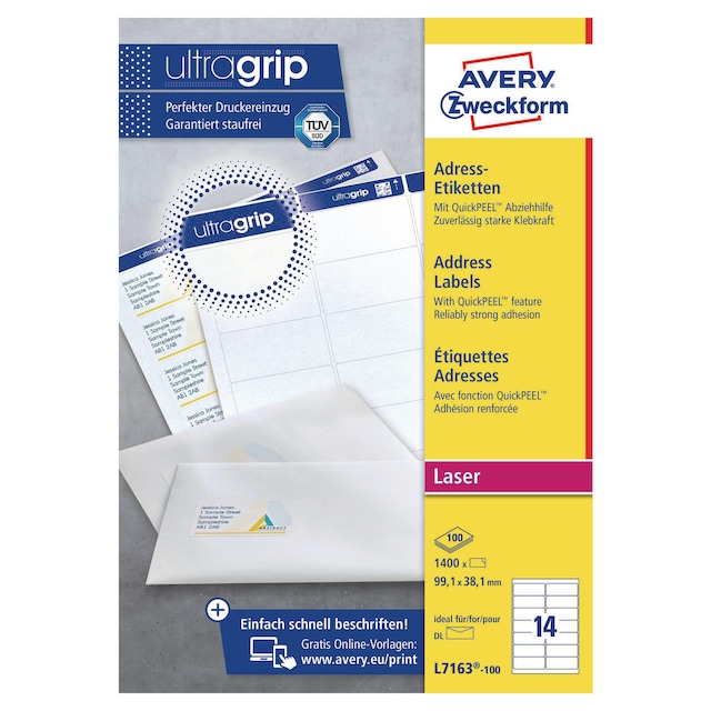 Avery L7163-100 Labels, 99.1 x 38.1 mm 14 Labels Per Sheet, 1400 Labels Per Pack 1