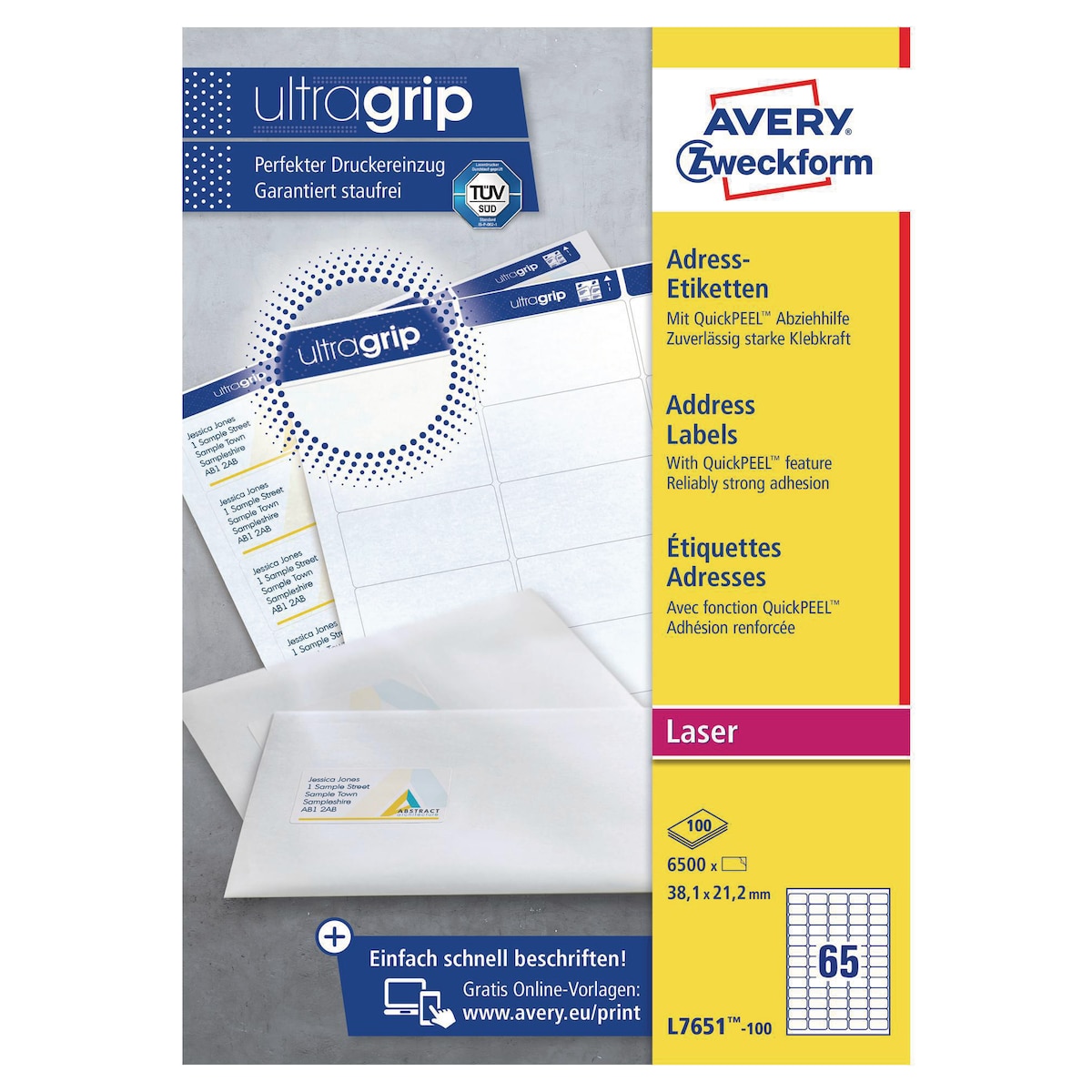 Avery L7651-100 Labels, 38.1 x 21.2 mm 65 Labels Per Sheet, 6500 Labels Per Pack 1
