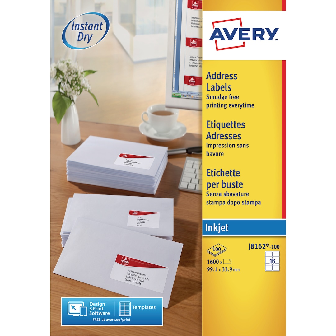 Avery J8162-100 Labels, 99.1 x 33.9 mm, 16... | Lyreco