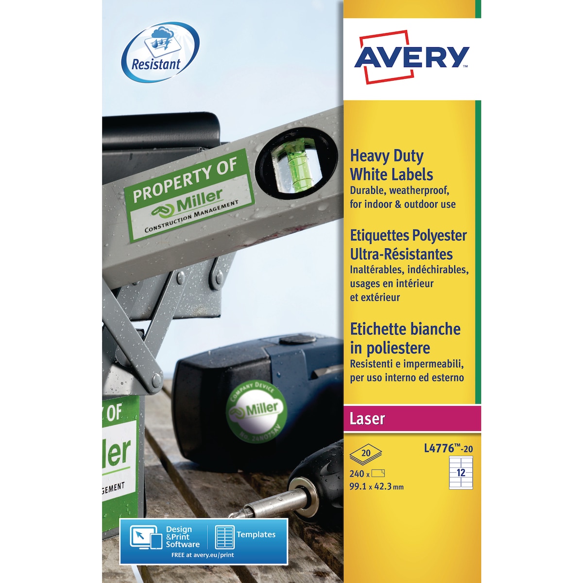 Avery L4776-20 Resistant Labels, 99.1 x 42.3 mm, 12 Labels Per Sheet, 240 1