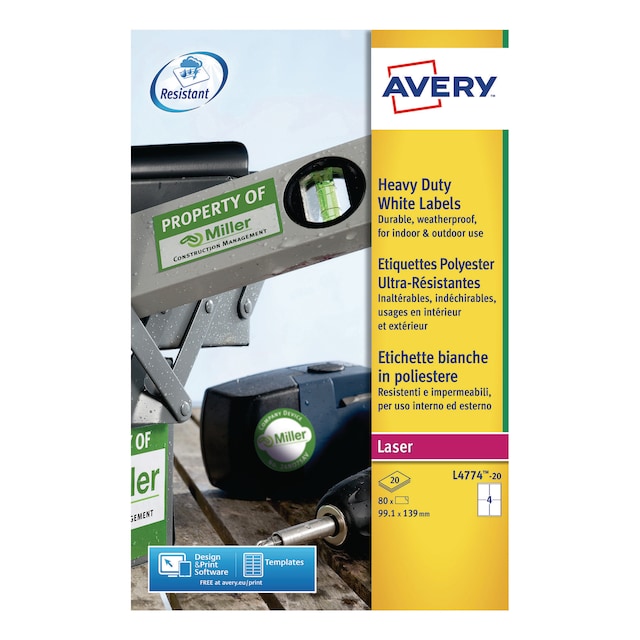 Avery L4774-20 Resistant Labels, 99.1 x 139 mm, 4 Labels Per Sheet 1