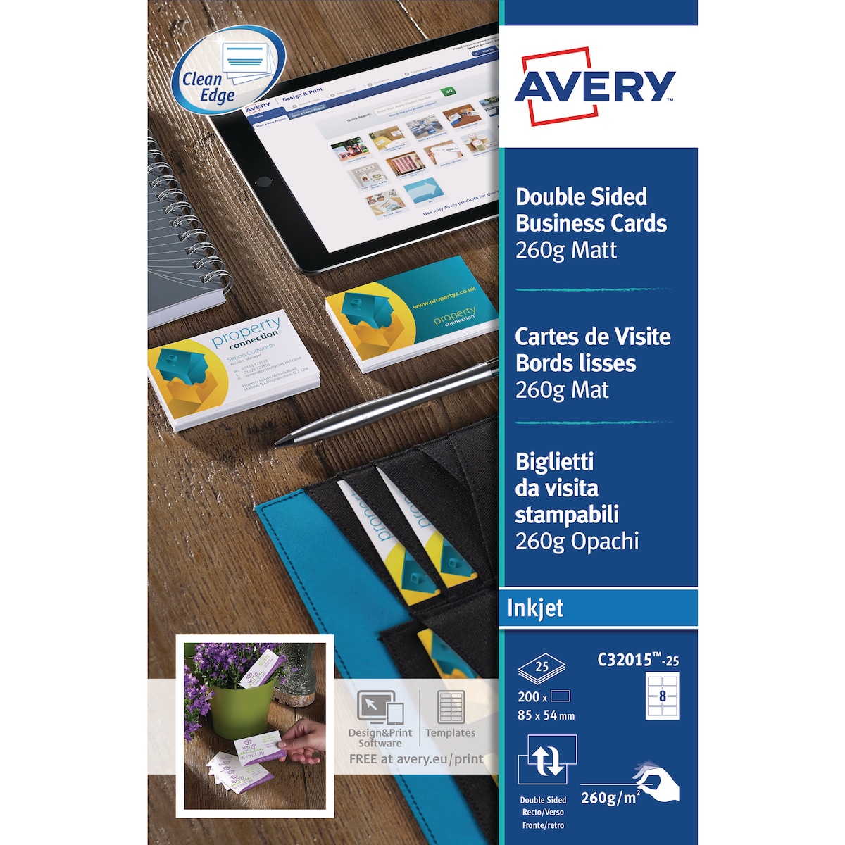 Avery C32015-25 Business Cards, 85 x 54 mm, 8 Labels Per Sheet, Box of 200 1