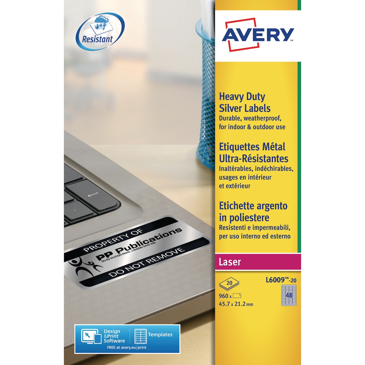 Avery L6009-20 Resistant Labels, 45.7 x 21.1 mm, 48 Labels Per Sheet 1