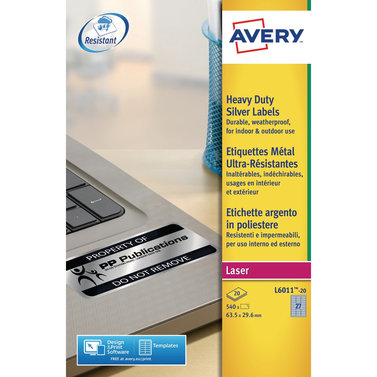 Avery L6011-20 Resistant Labels, 63.5 x 29.6 mm, 27 Labels Per Sheet, 1