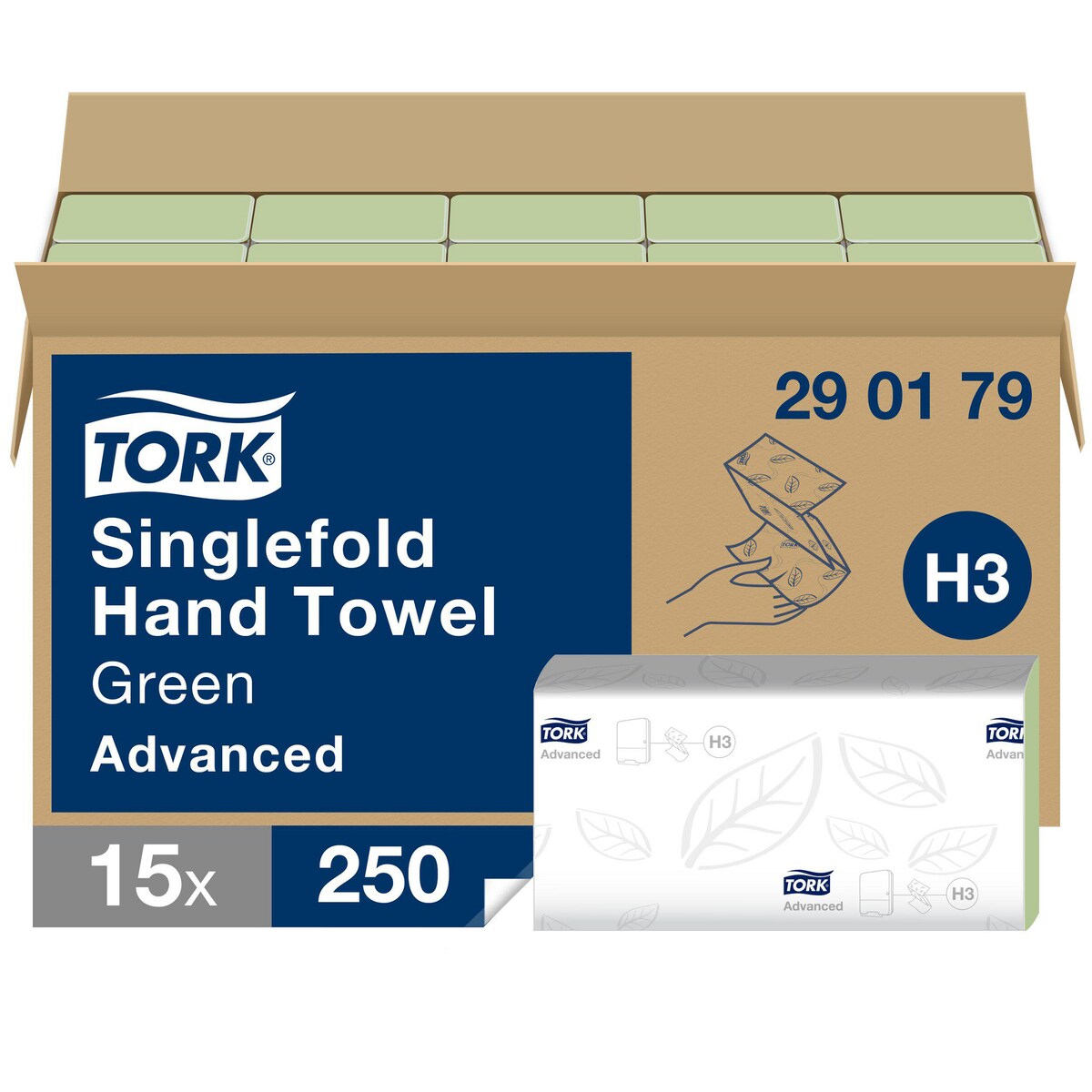 Tork Singlefold Hand Towels Green H3, 290179, 2 Ply, Pack of 3750 Sheets 1