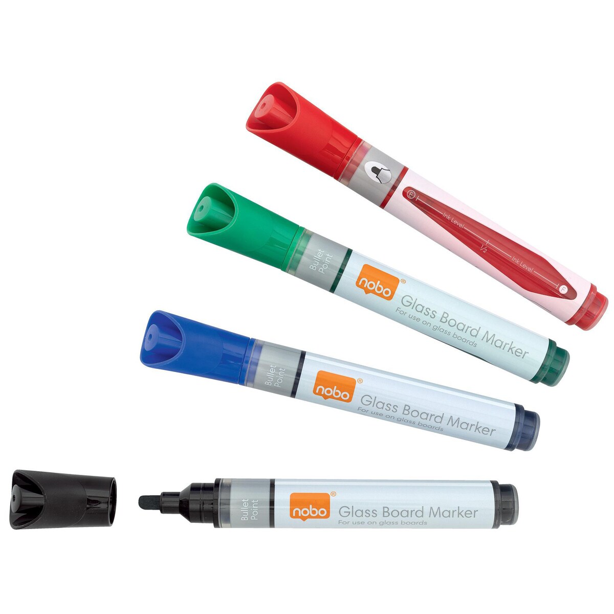 Nobo Dry Wipe Markers for glass boards, Bullet Tip Pack of 4 assorted colours 1