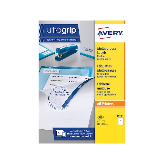 Avery 3478  Multi-Purpose Labels, 210 x 297 mm, Permanent, 1 Labels Per Sheet 1