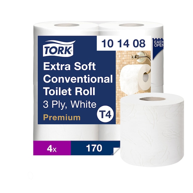 Tork Extra Soft Conventional Toilet Paper Roll White T4 - 3 ply, 101408, Pk of 4 1