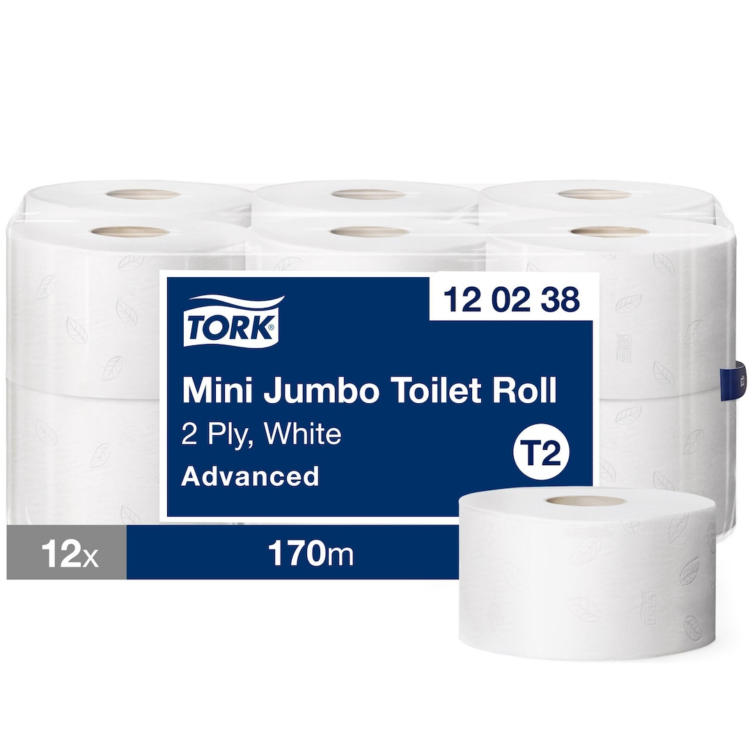 Tork Mini-Jumbo Toilettenpapierrolle 2-lagig – 12 Rollen X 1075 Blatt, Kompatibel Mit T2-Spender